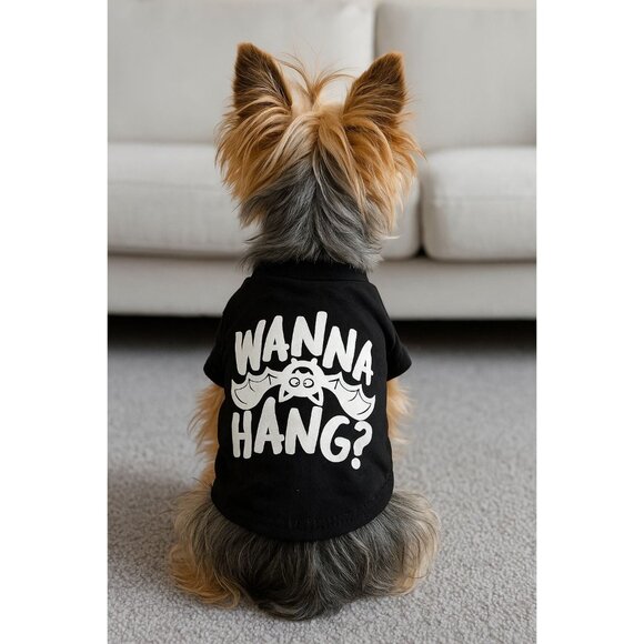 Wanna Hang Dog Shirt Halloween Pet Tee Size XS Black Bat Design Buttons and Bone - Picture 1 of 6